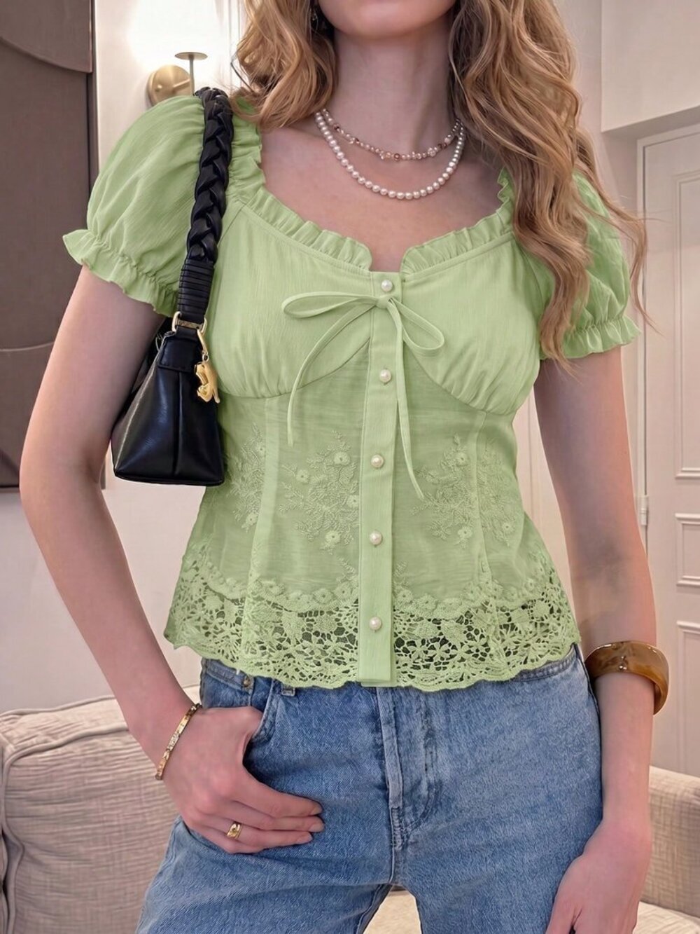 Green Casual Women's Lace-Up Contrast Lace Hollow Lace Trim Off-Shoulder Blouse